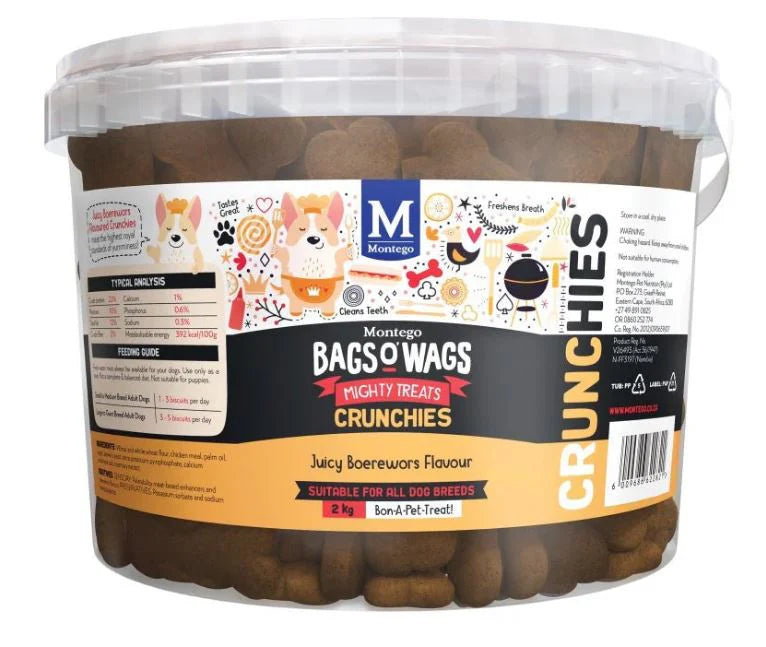 - Special food for senior dogsMontego Bags o wags crunchies boerewors dog biscuits 2kg