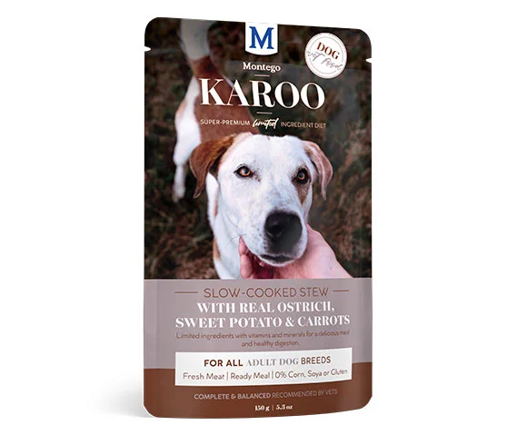 - Dog food nutritional analysisMontego Karoo real ostrich , sweet potato and carrot pouch 150g