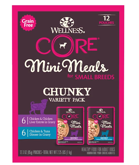 - Air box TSA certified check-inWellness Core Mini Meals For Small Breeds Chunky Variety Pack Wet Dog Food